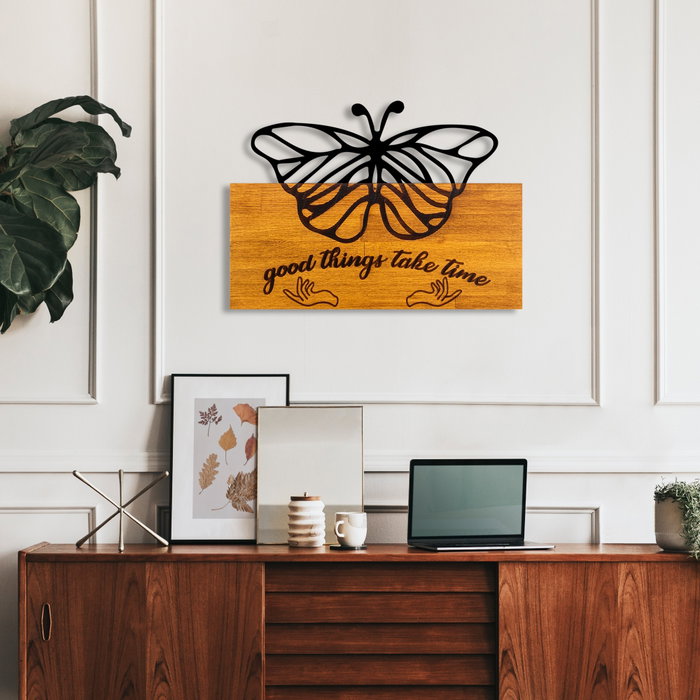 Wallity Butterfly 5 Escultura de pared en madera nogal y metal negro